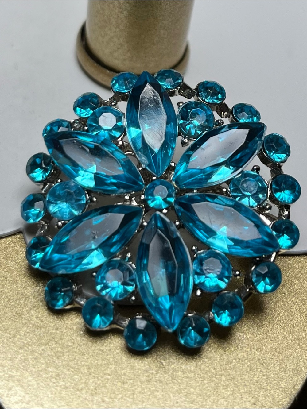 Vintage Turquoise Rhinestone Floral Brooch - like new